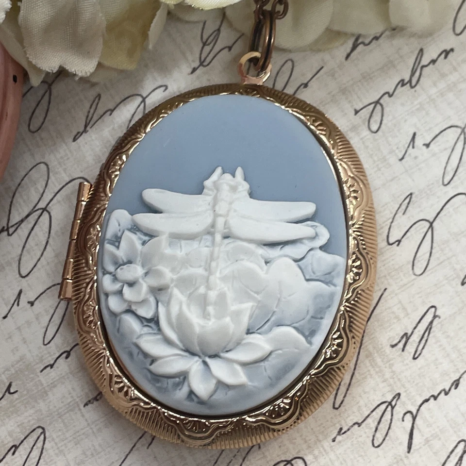 Medallón foto libélula camafeo azul boda oro rosa regalo novia damas de honor Foto 4 de 4