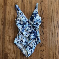 Jantzen 10 One Piece Swimsuit Blue Floral V Neck Scoop Back Ruched Padded