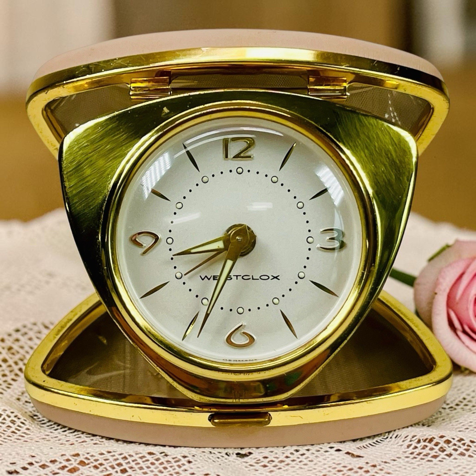 Unique Triangular Westclox Folding Travel Alarm Clock Pink Leather Cowhide Case