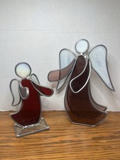 Set Of 2 Vintage Red/Clear Stained Glass Christmas Angel Standing Figurine Decor