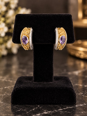 Ross-Simons Gold Vermeil 925 Sterling Amethyst Ornate Half Hoop Earrings