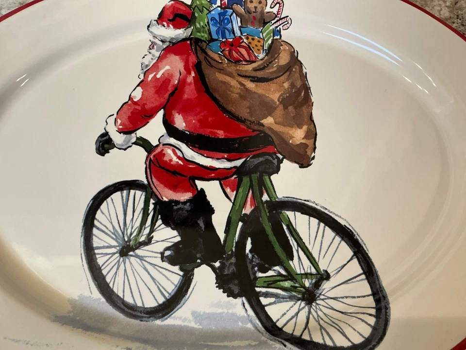 Pottery Barn Santa on Bicycle 15 3/4" Oval Serving Platter - Image 2 of 4