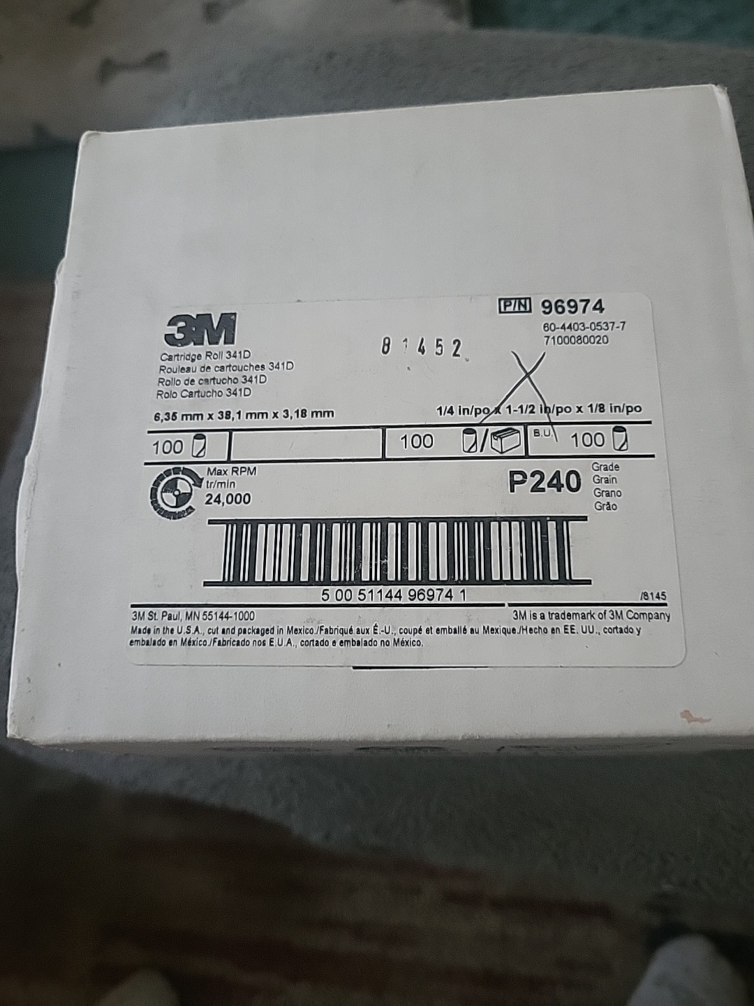 100pcs NEW! 3M 341D 1/4" x 1-1/2" x 1/8" Cartridge Roll  P240  96974