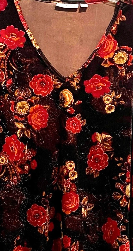Top de terciopelo Susan Graver talla 2X elástico marrón floral cuello en V túnica manga 3/4 Foto 3 de 4