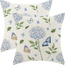 Spring Floral Pillow Covers 18X18 Pack of 2 Watercolor Blue Hydrangea Butterfly