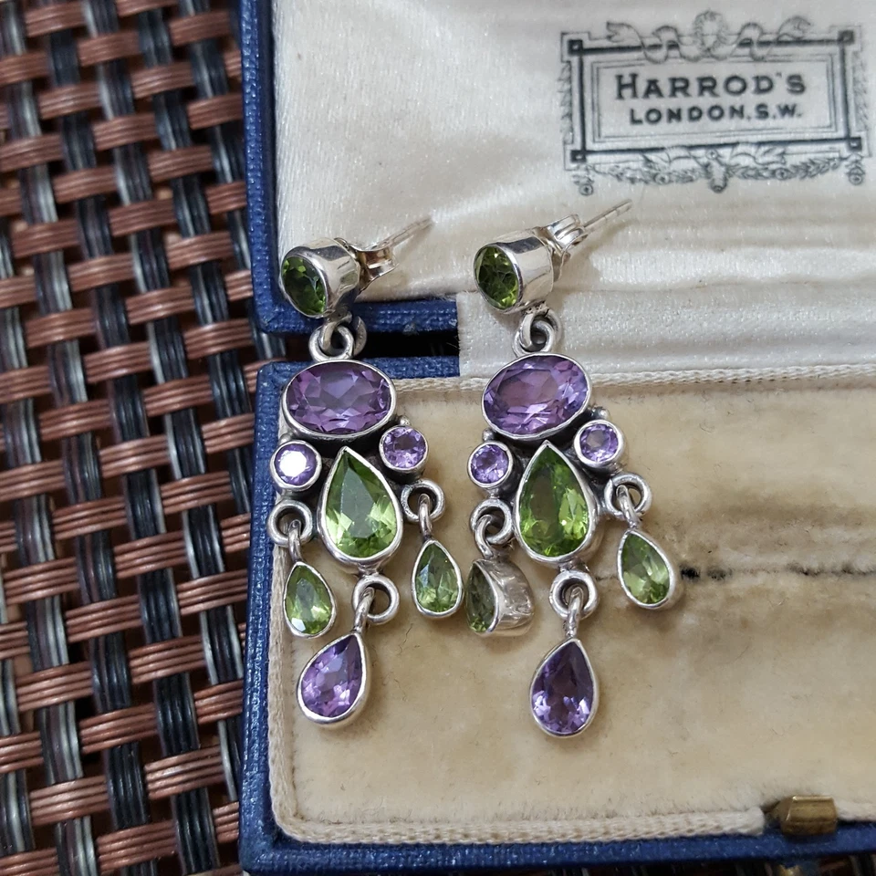 Qvc 925 Sterling Silver Earrings, Multi Gemstones Dangle, Amethyst, Peridot - Image 3 of 4