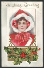 Christmas Greeting lady in Santa hood holly berries embossed postcard 1911