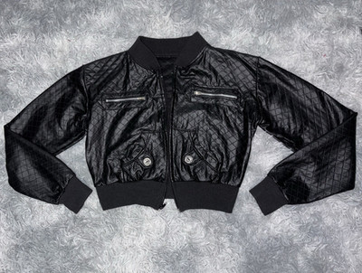 Women s Black Faux Leather Quilted Bomber Jacket Full Zip Biker Short S