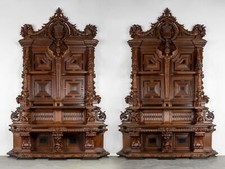 Pair Antique Italian Gothic Oak Castle Buffets Signed Hand Carved Sideboards