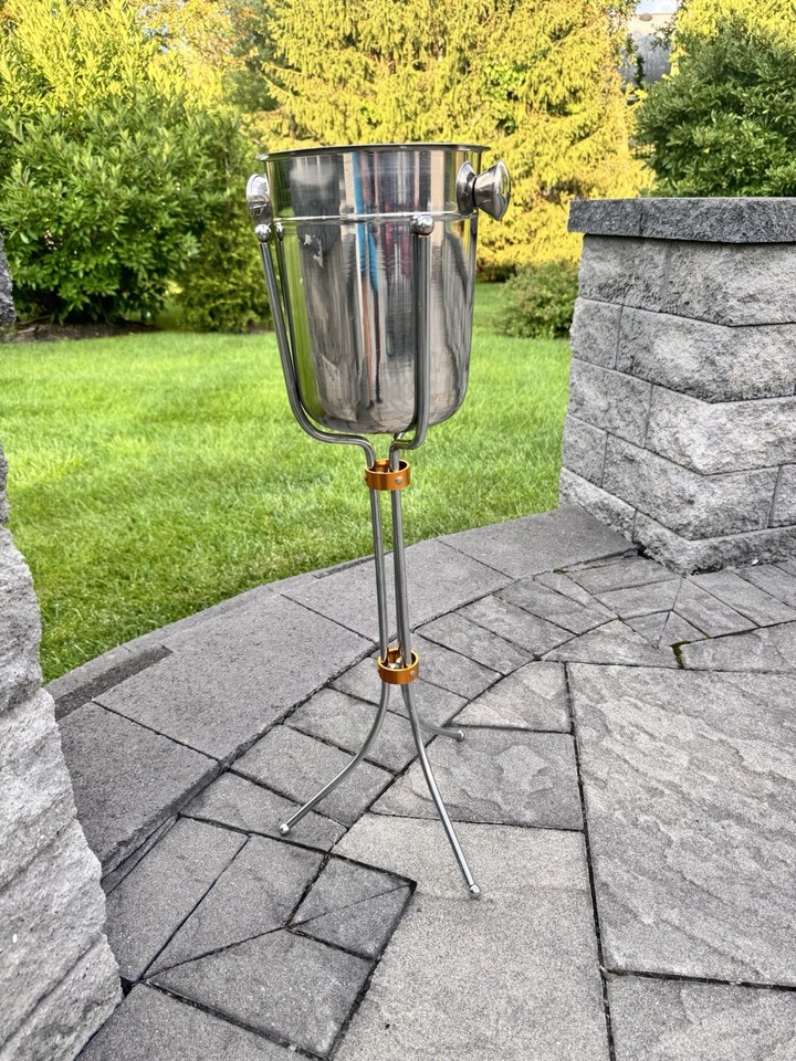 VTG MCM Hollywood Regency Chrome stainless Ice Bucket on Stand  32” Tall