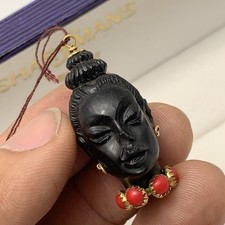 Corletto Italy 18K Yellow Gold Carved Ebony 3D Blackamoor Red Coral Head Pendant