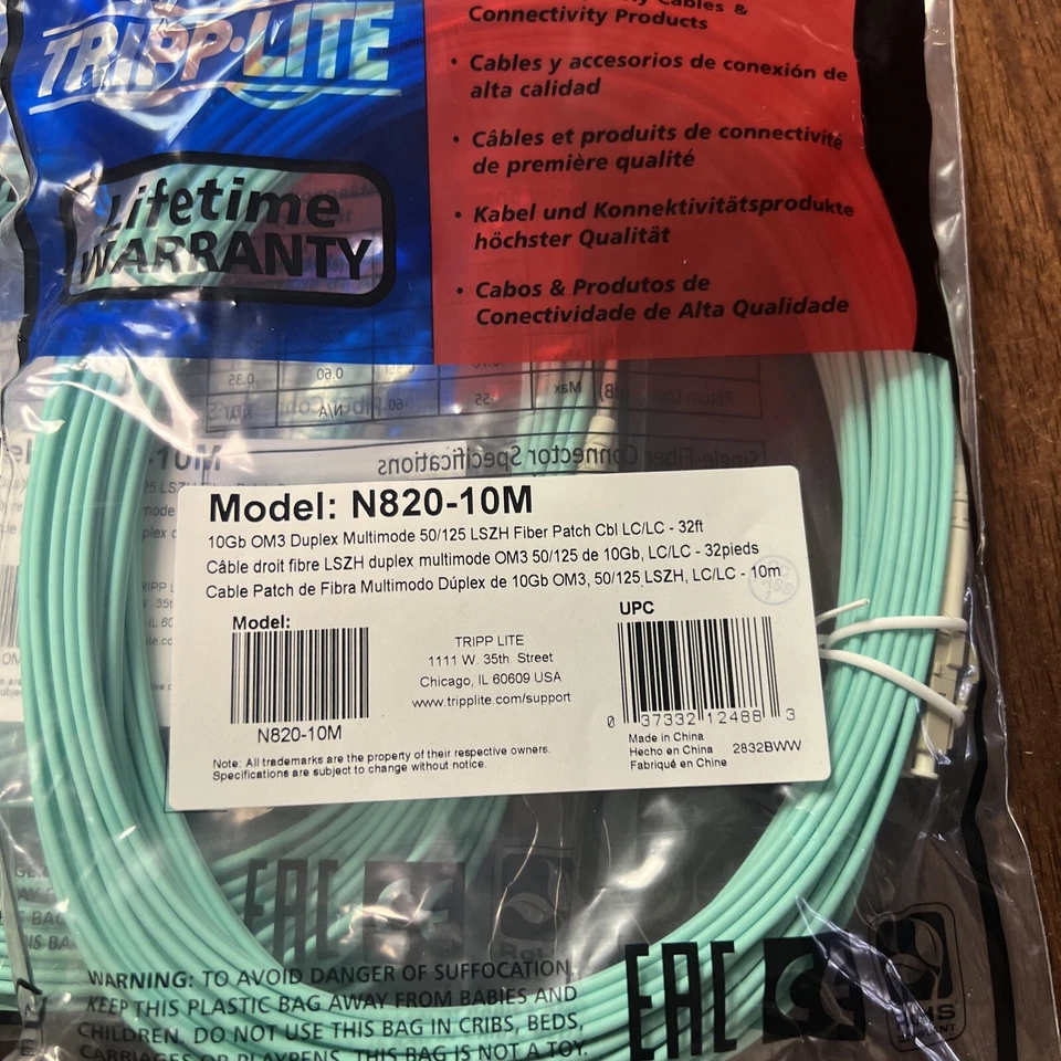 3 Lot Tripp-Lite N820-10M (10Gb Duplex MM 50/125 Fiber Patch Cable, 10m) OM3 - Image 2 of 2