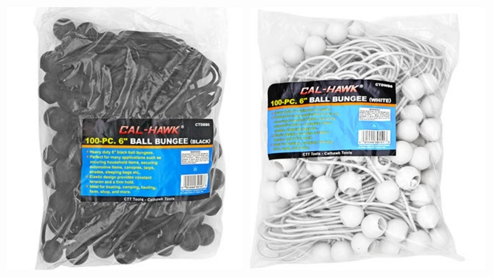 CAL HAWK TOOLS (100) 6" Heavy Duty White/ Black Ball Bungee Cord Tie Down Canopy Tarp Accessory