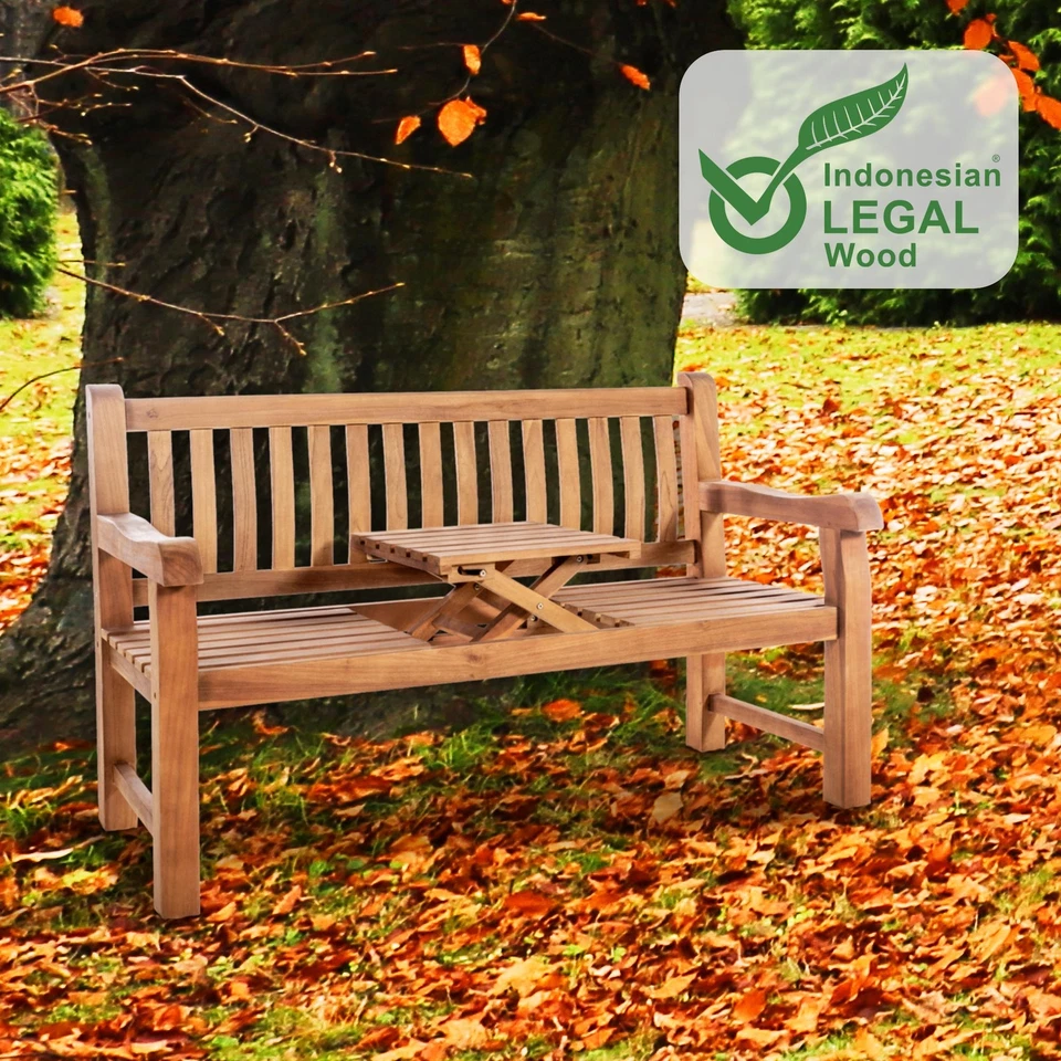 Teakbank Orlando Wetterfeste Gartenbank mit Klapptisch Gartenmöbel Teakholz Bank - Bild 3 von 4