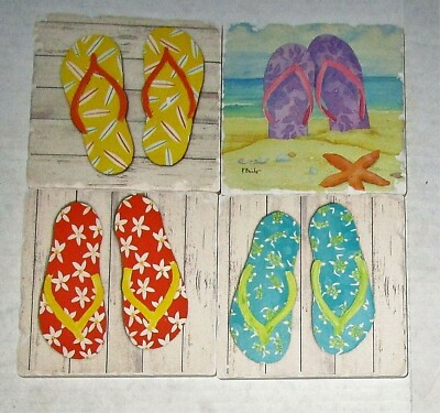 COASTAL Stoneware Coasters [SET OF 4 COLORFUL FLIPFLOP DESIGNS] 4'' X 4''