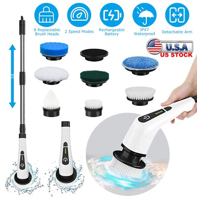 Electric Spin Scrubber Cleaning Brush Set with 8 Replacement Heads Long Handle