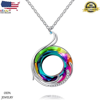 925 Sterling Silver Colorful Crystal Jewelry Phoenix Necklace Peacock  Necklace