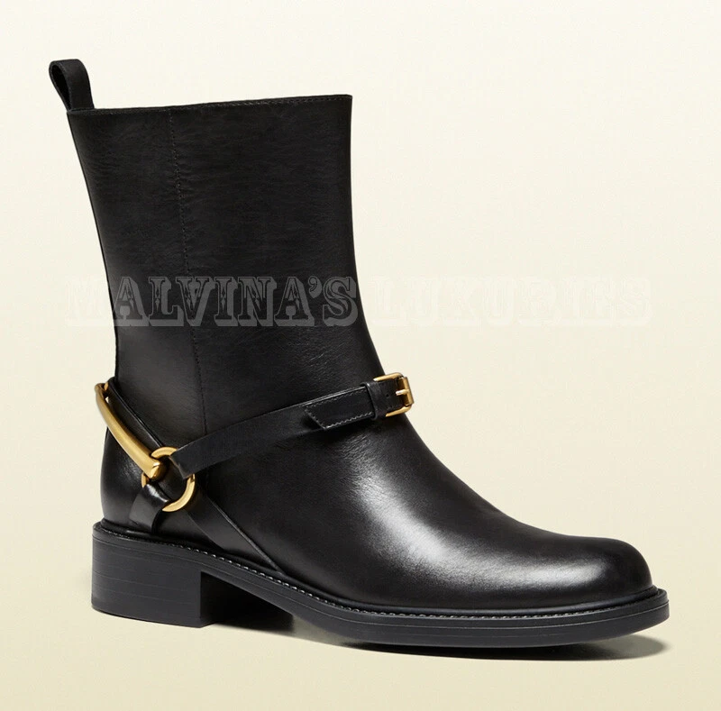 BOTTINES GUCCI CUIR NOIR TESS HORSEBIT TALON BAS taille IT 34 US 4