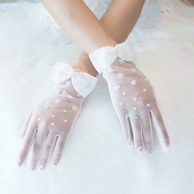 Women Short Mesh Bow Gloves Sunblock Full Finger Bridal Wedding Wrist Mittens