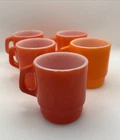 VTG Anchor Hocking Fire King Milk Glass Stackable Coffee Mugs Red & Orange MCM