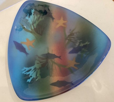 JUDITH STILES Studio Ceramic Art Dish 80s Blue Ocean Marine Life Triangle-Signed