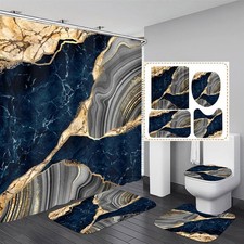4 Pcs Blue Marble Shower Curtain Sets with Rugs Gold Bathroom Sets with Showe...