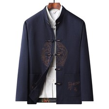 Herren Chinesisch Tang Anzug Hemd Kung Fu Stickerei Drache Langarm Oberteil Retro