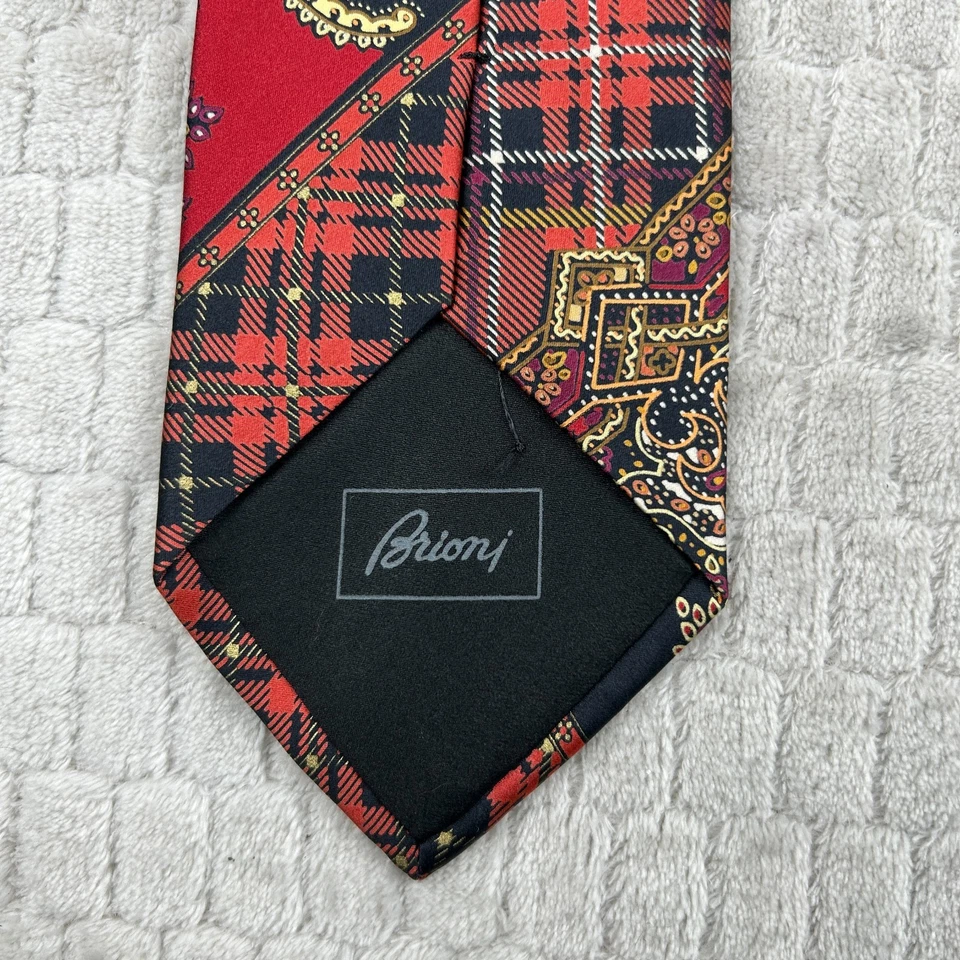 Corbata de seda Brioni dorada negra roja a cuadros estampado cachemir hecha en Italia *LEER Foto 4 de 4