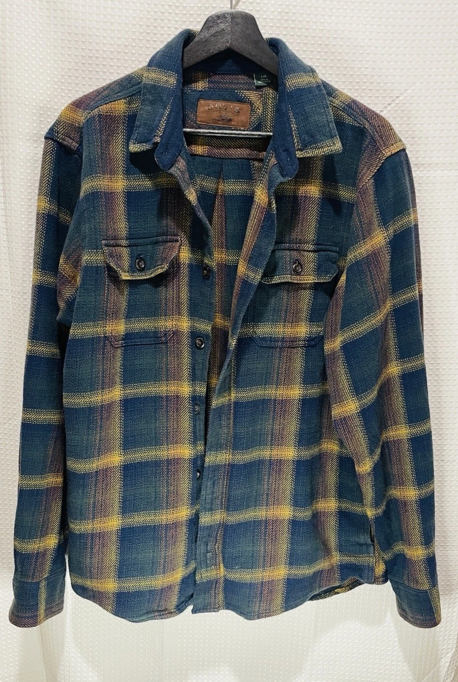Orvis Shirt Mens Large Blue Yellow Plaid Flannel Long Sleeve Button Up Outdoors