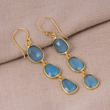 Yellow Gold Blue Chalcedony Three Tire Dangle Earrings For Wedding & Occasions