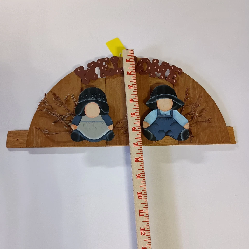 Welcome Sign Wood Wall Hanging Half Round Amish Boy And Girl Rustic Cottagecore - Image 4 of 4