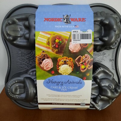 Nordic Ware NEW Hungry Animals Gray Pan 3D baking Cast Aluminum 5 Mini Cakes