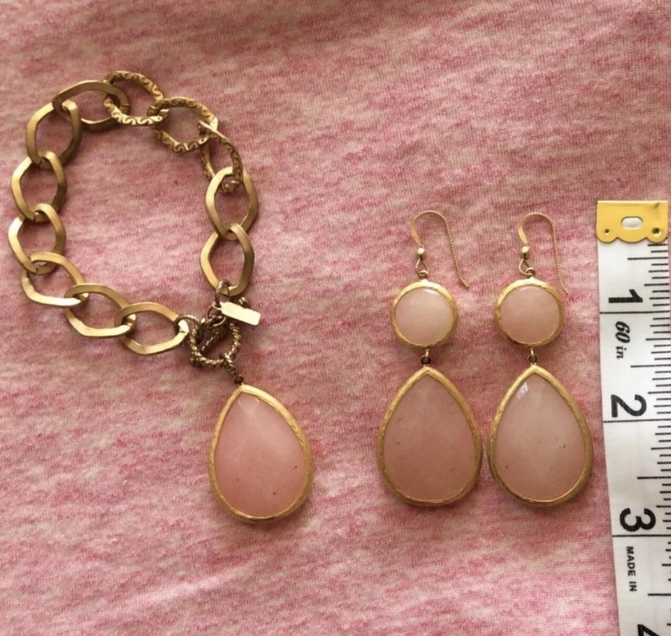 Juego de pulsera y pendiente de cuarzo rosa para mujer 14k cables GF, carcasa 14k GP Foto 4 de 4