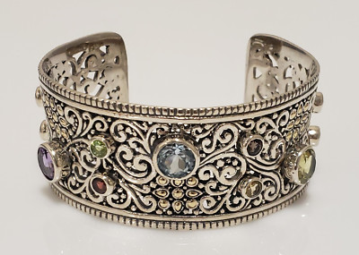 Samuel Benham Sterling Silver 18k Yellow Gold Multi Gemstone Wide Cuff Bracelet