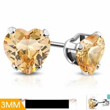 3mm Stainless Steel Prong Set Love Heart Stud Earrings with Topaz CZ Pair
