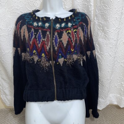 FREE PEOPLE Cardigan Sweater Top Rivet Studs Wool Blend Zip Front size XS EUC