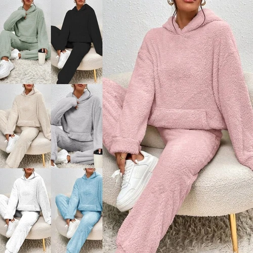 Damen Freizeit Winter Warm Kapuze Damen Pyjama Sets Fleece Flauschig Nachtwäsche - Bild 2 von 23