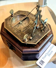 Maritime Vintage Brass Pendulum Sundial Antique Gilbert Compass With Wooden Box