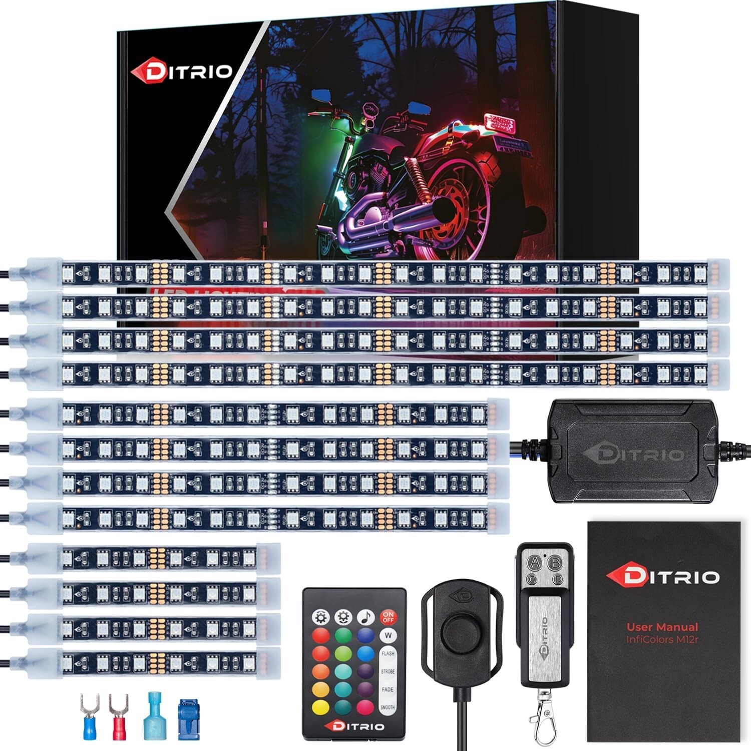 DITRIO 12pcs Underglow RGB LED Strip Light Kit DC 12V with 2 Red Blinking Brake