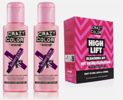 2x Crazy Color Semi Permanent Haarfarbe Aubergine - 100ml und Bleaching Kit