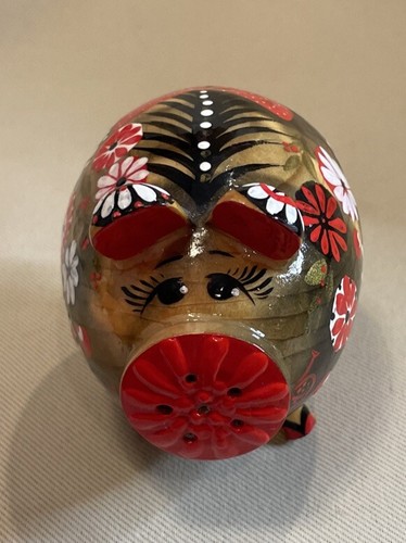 Wood Lacquer Folk Art Piggy Pig Salt Or Pepper Shaker Floral Colorful - Picture 2 of 8