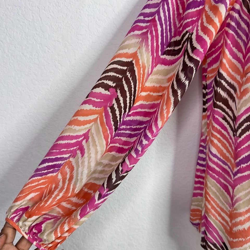 Camisa Trina Turk Mujer S Colorida Seda Abstracta Artística Campesina Boho Costa Playa Foto 4 de 4