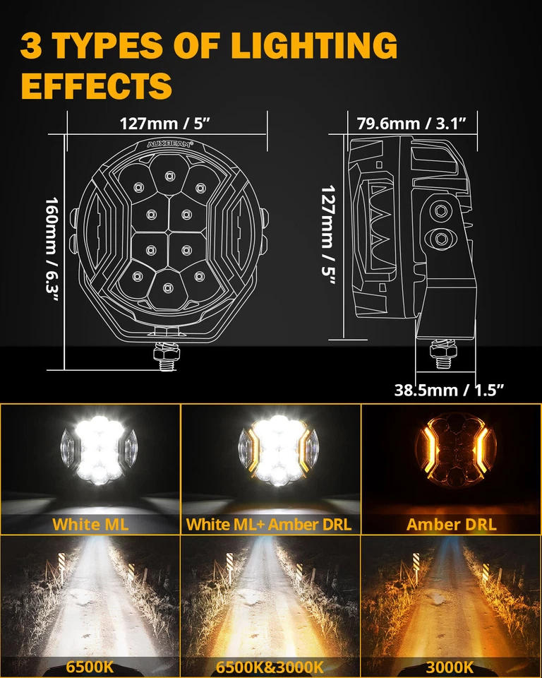 Auxbeam 172W 5" Side Shooter LED Offroad Light Amber DRL&Spotlight Driving+Cover - Image 3 of 4