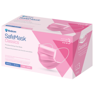 Medicom SafeMask Classic Pink Earloop Face Masks, ASTM Level 3 - Box of 50 Masks