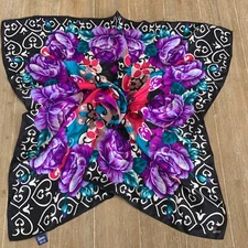 Honey 100% SILK Scarf 30"x30” Purple Florals Made in Japan, Luxury, Classy Glam