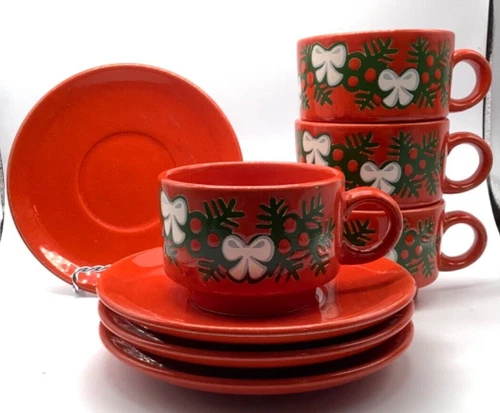 Waechtersbach Red Christmas Cup & Saucer Sets, Holly w /Bow, Vintage, 4 Sets