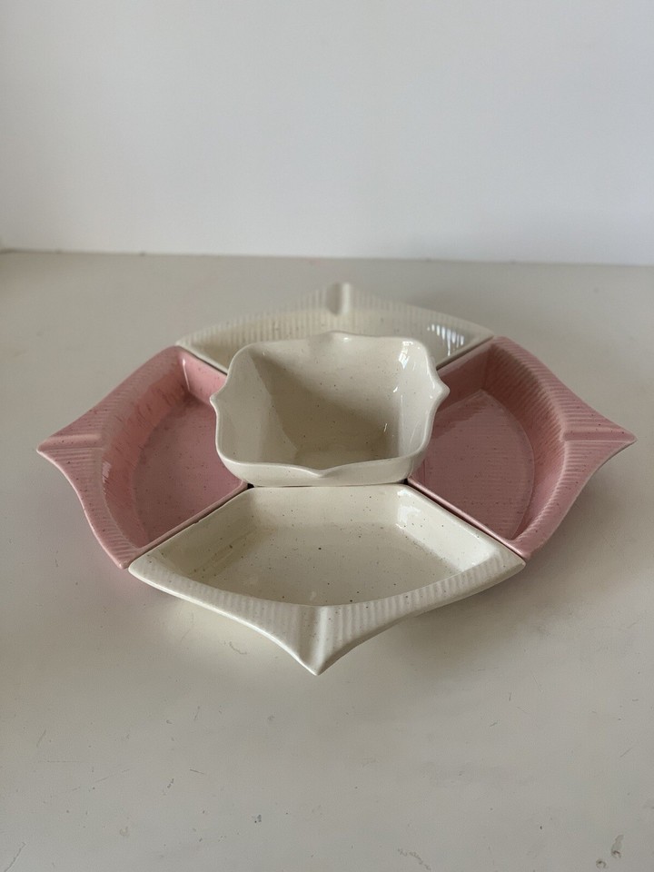 MCM VTG RETRO Calif Pottery Pink/Cream Ceramic Lazy Susan Chip Dip