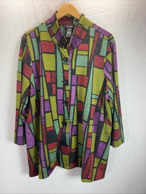 Ali Miles Sz 2X Tunic Knit Geo Button oversized top Artsy Lagenlook 3/4 sleeve