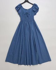 Women Doen U-neck Puff Sleeve Fi t& Flare Midi Dress Blue