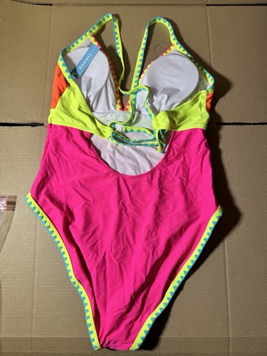 POPVIL 1 piece swimsuit women's neon colorblock halter tie scoop open back XL - Picture 2 of 3